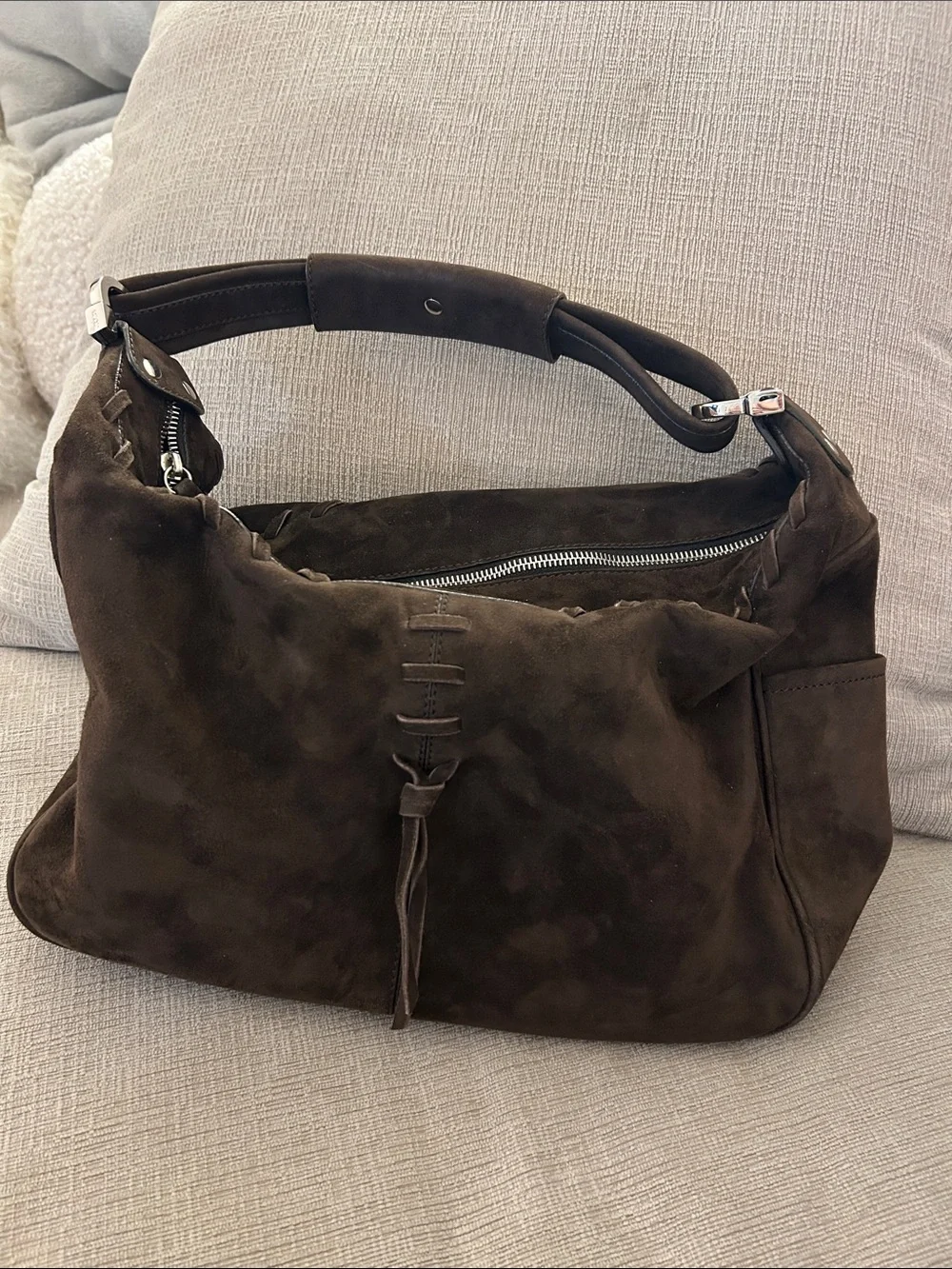 Tod's Dark Brown Suede Shoulder Bag with Braided Trim